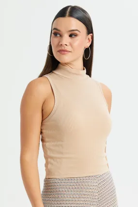 Women Beige High Neck Rib Top