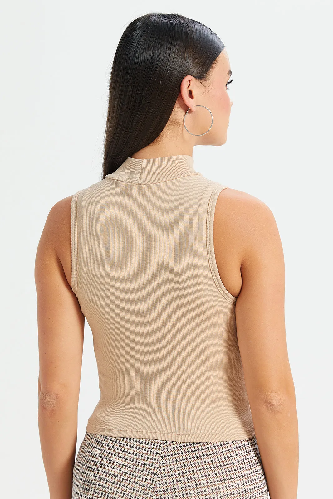 Women Beige High Neck Rib Top