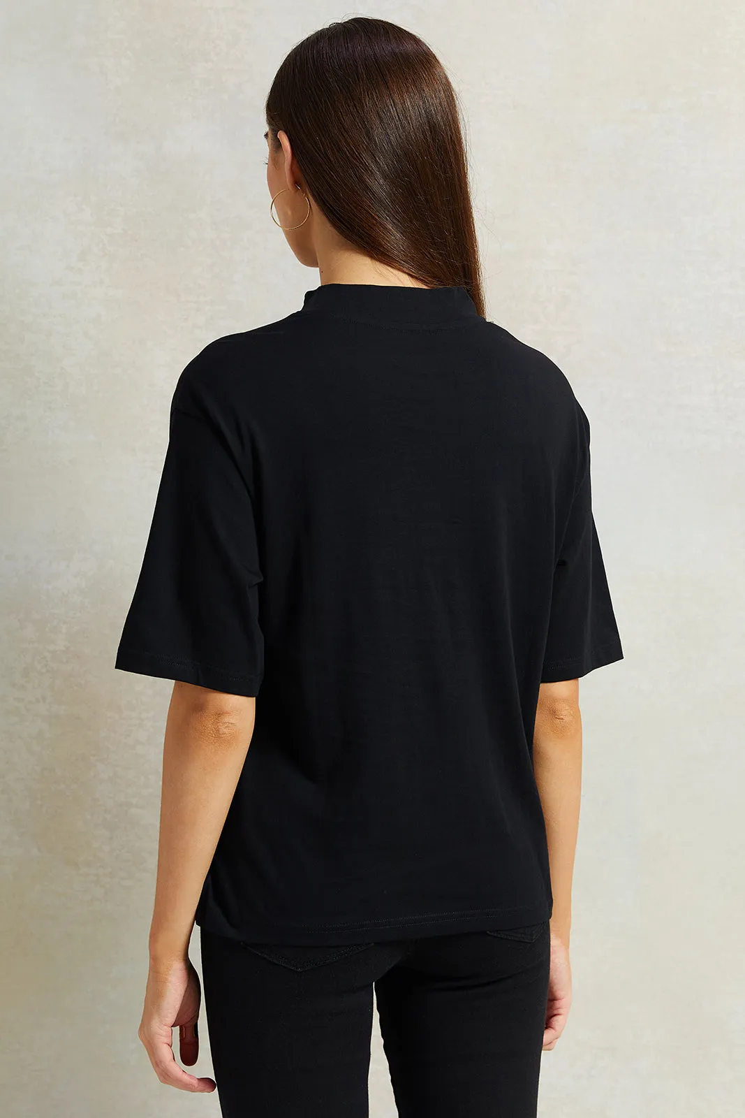 Women Black High-Neck Boxy T-Shirt