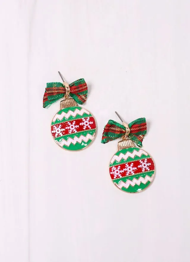 Yuletide Ornament Earring with Bow GREEN